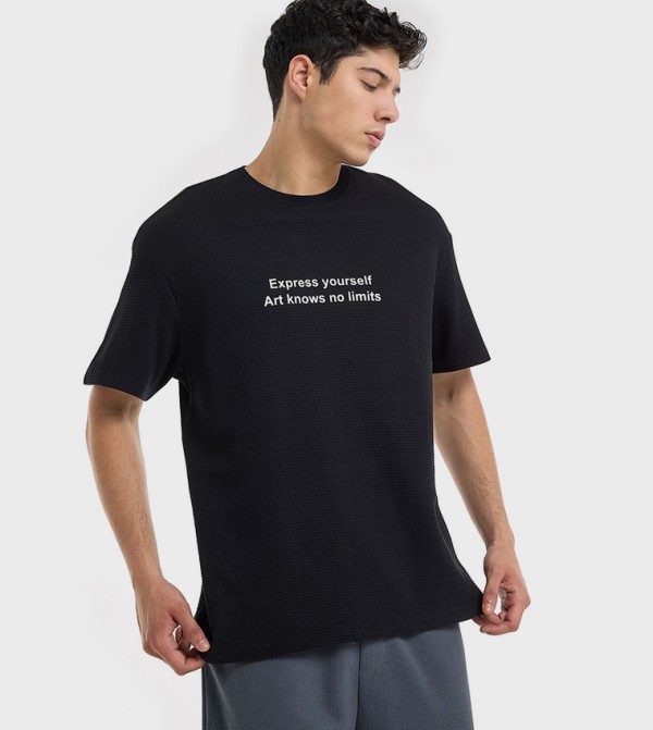 Typography Print T-Shirt with Crew Neck and Short Sleeves