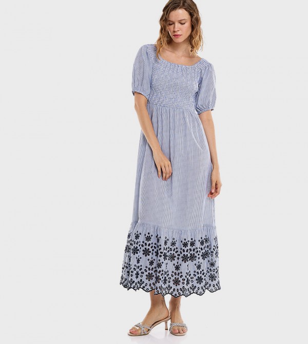 Striped Midi Dress with Round Neck and Puff Sleeves