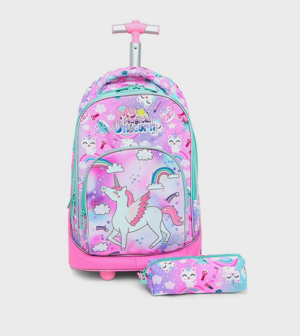 Unicorn Print Trolley Backpack with Pencil Pouch
