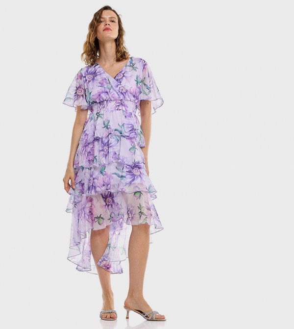 Floral Print Layered Dress with V-Neck and Flared Sleeves