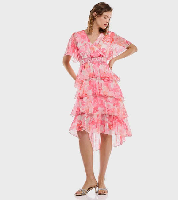 Floral Print Layered Dress with V-Neck and Flared Sleeves