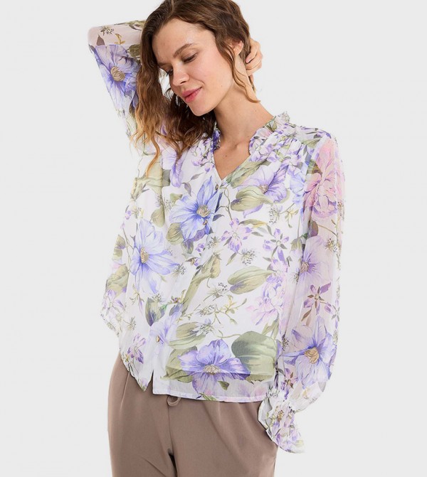 Floral Print Top with V-Neck and Long Sleeves