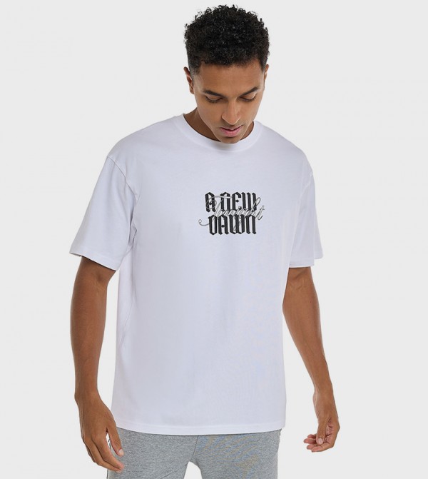 Typography Print T-Shirt with Crew Neck and Short Sleeves