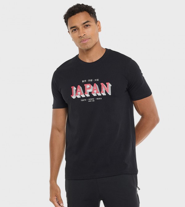 Typography Print T-Shirt with Crew Neck and Short Sleeves