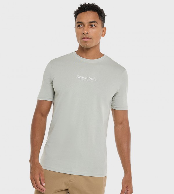 Typography Print T-Shirt with Crew Neck and Short Sleeves