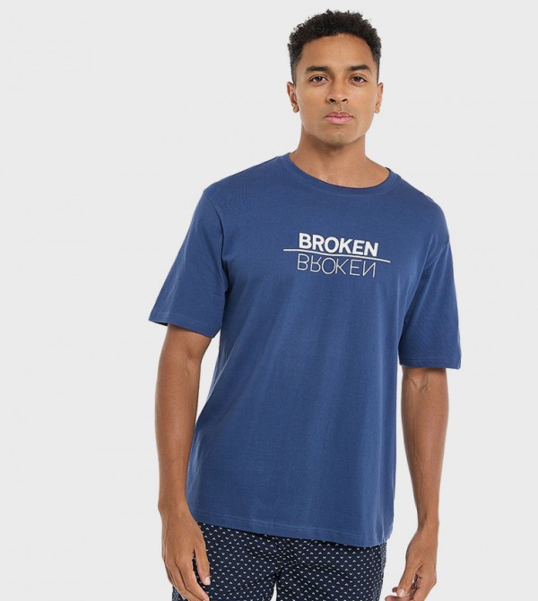 Typography Print T-Shirt with Crew Neck and Short Sleeves