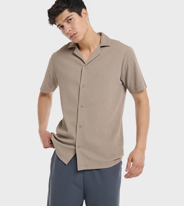 Textured Shirt with Revere Collar and Short Sleeves