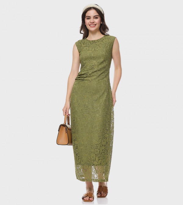 Laced Sleeveless Maxi Dress with Crew Neck