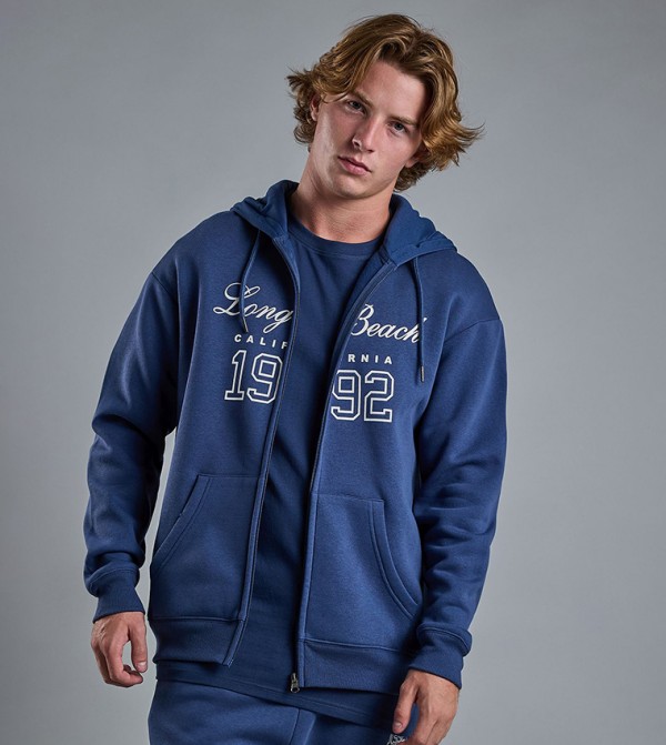 Typography Print Hooded Jacket with Zipper Closure