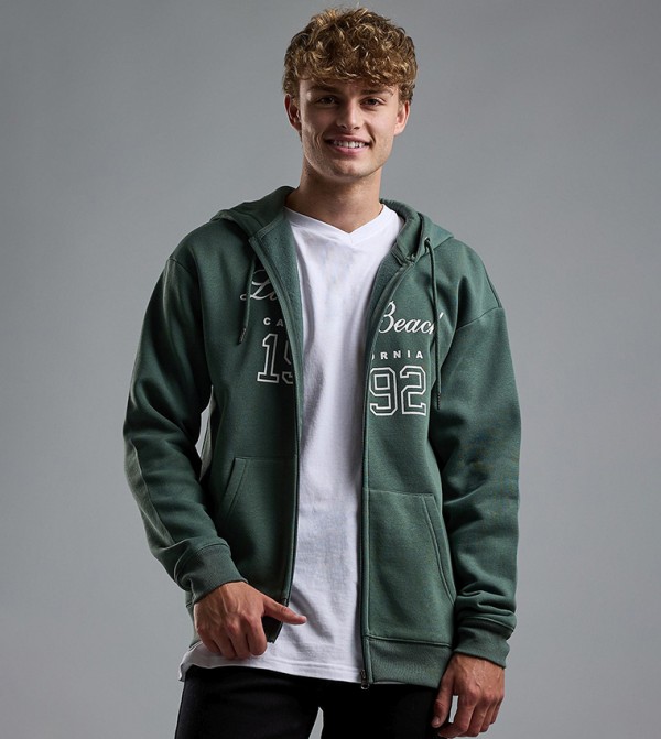 Typography Print Hooded Jacket with Zipper Closure