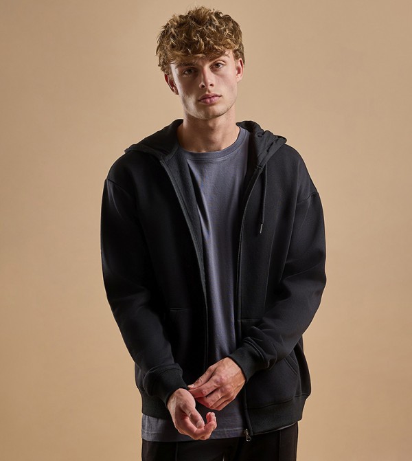 Solid Hooded Jacket with Zipper Closure