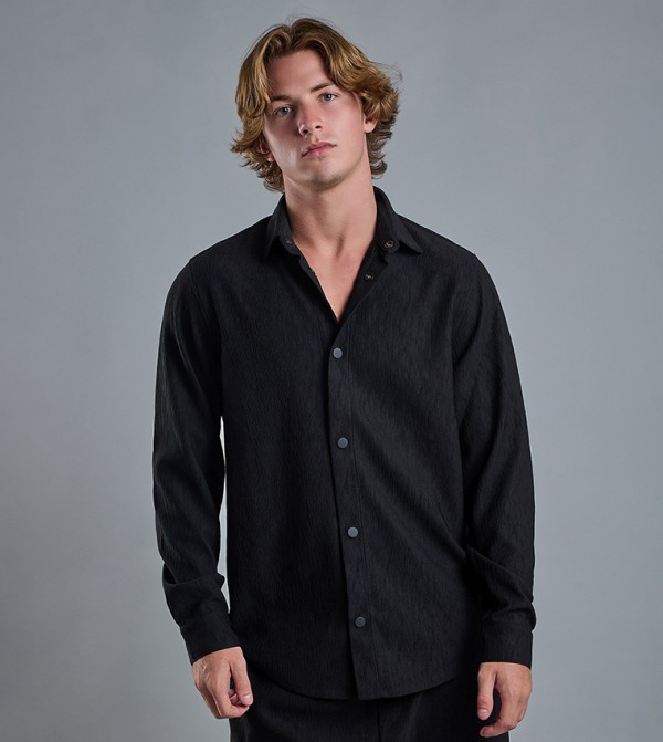 Textured Shirt with Classic Collar and Long Sleeves