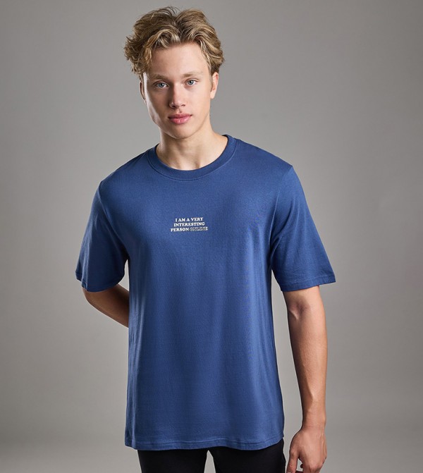 Typography Print T-Shirt with Crew Neck and Short Sleeves