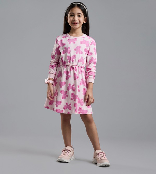 Printed Knit Dress with Crew Neck and Long Sleeves