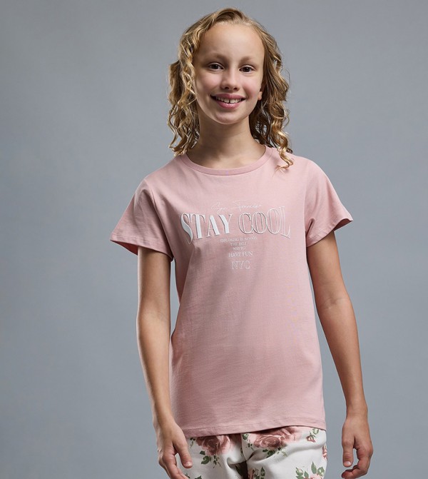 Typography Print T-Shirt with Crew Neck and Short Sleeves