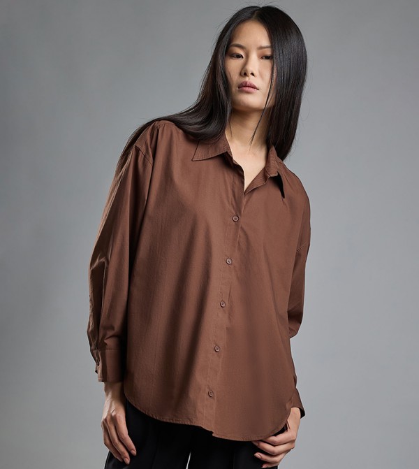 Solid Shirt with Classic Collar and Long Sleeves