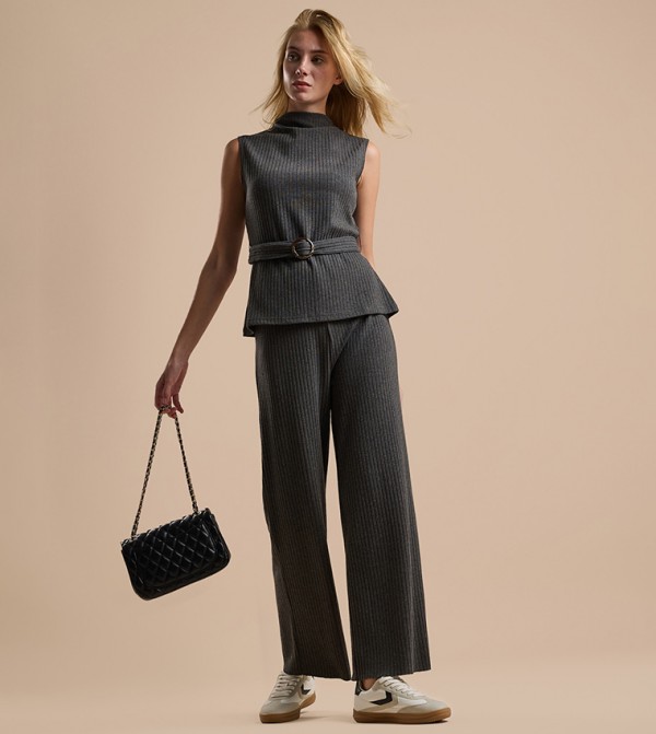 Ribbed Wide Leg Pants with Elastic Waist