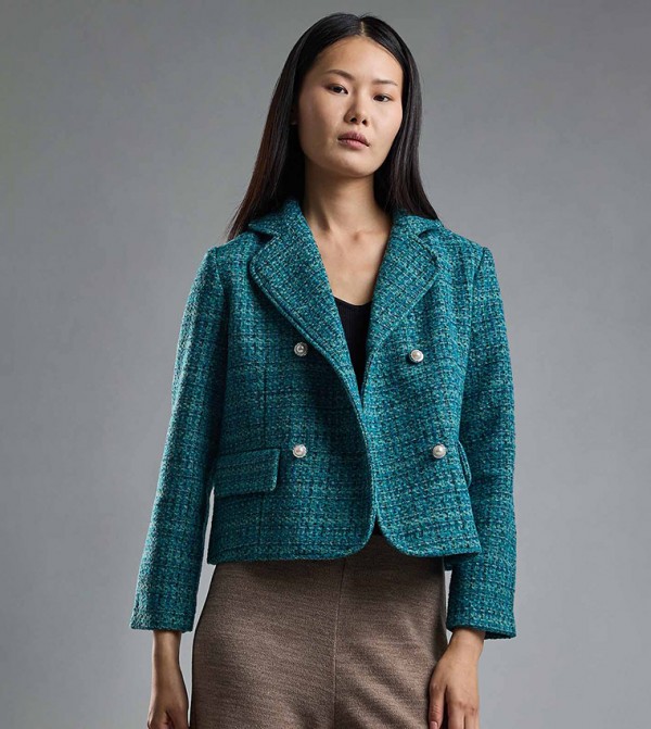 Textured Double Breasted Crop Blazer with Long Sleeves