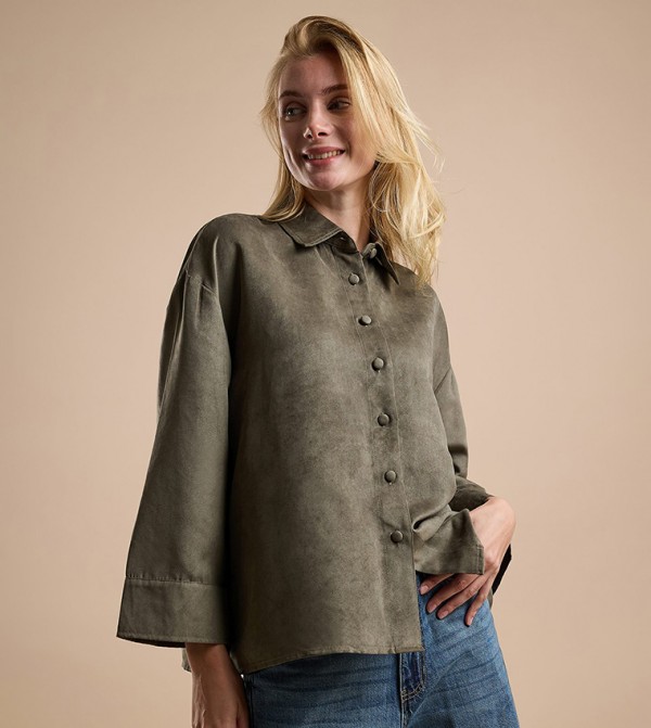 Textured Shirt with Classic Collar and Long Sleeves