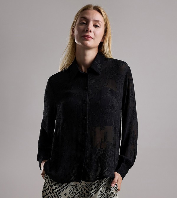 Self Patterned Shirt with Classic Collar and Long Sleeves