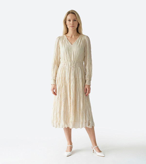 LUNAR Crinkled Smocked Sleeves Midi Dress
