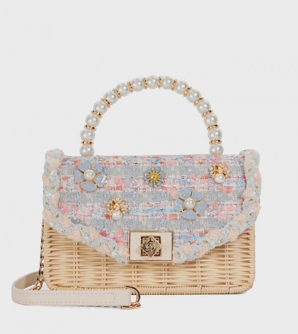 BLOOMS Embellished Raffia Top-Handle Bag