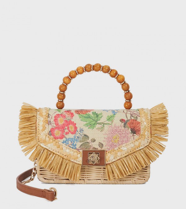 BLOOMS Embellished Raffia Top-Handle Bag