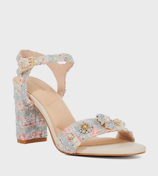 MENTION Embellished Tweed Heeled Sandals