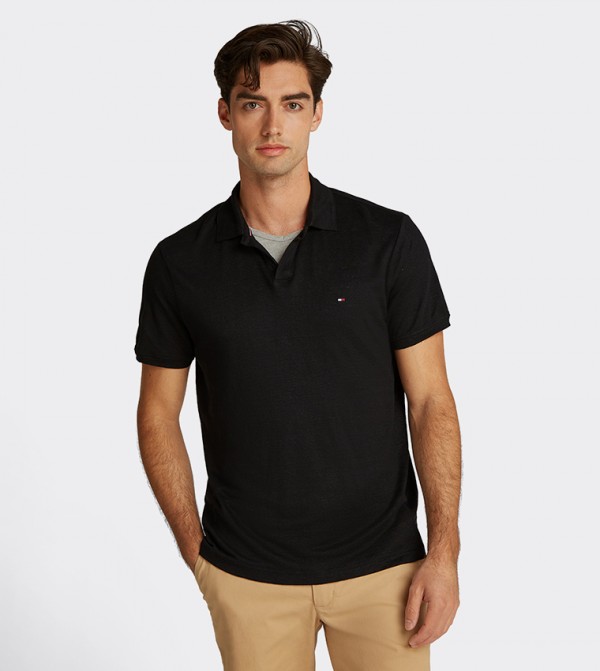 Flag Detail Short Sleeves Linen Polo T-Shirt