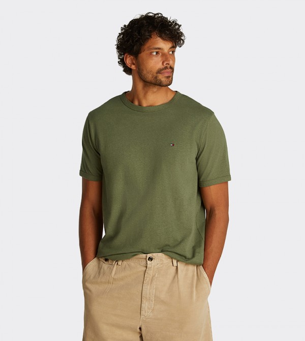 Flag Detail Linen Crew Neck T-Shirt