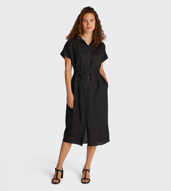 Flag Detail Belted Linen Shirt Dress