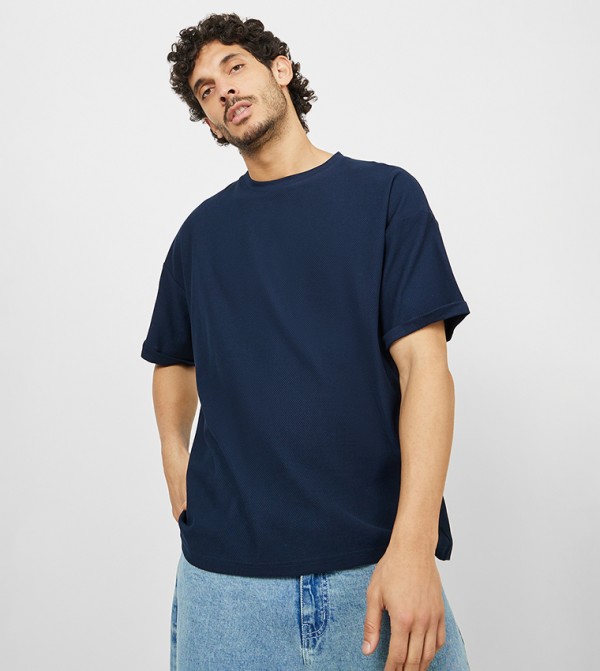 Waffle Knit Oversized T-Shirt with Turn-Up Sleeve