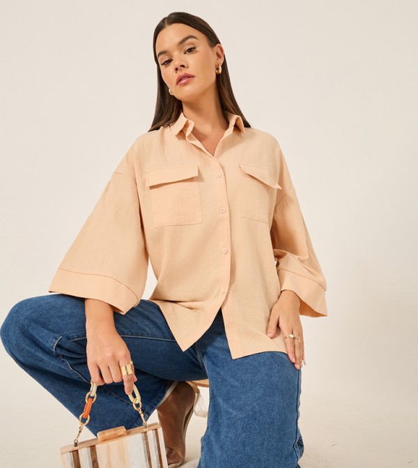 Button Down Spread Collar Oversized Shirt