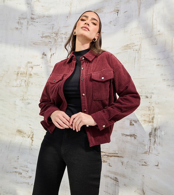 Buy Styli Elevate Boxy Corduroy Jacket With Flap Pocket In Burgundy 6thStreet Saudi Arabia