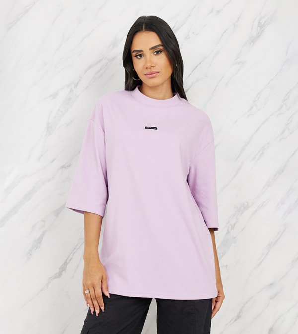 Oversized Patch Detail T-Shirt with 3/4 Sleeves