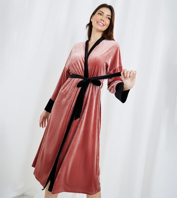 Buy Styli Unwind Velvet Contrast Edge Belted Robe In Pink | 6thStreet ...