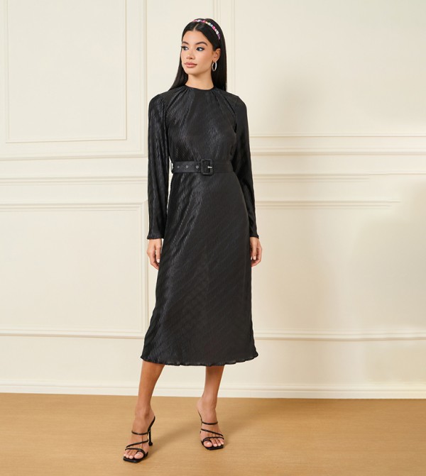 Flare Sleeves Belted Plisse A-Line Midi Dress