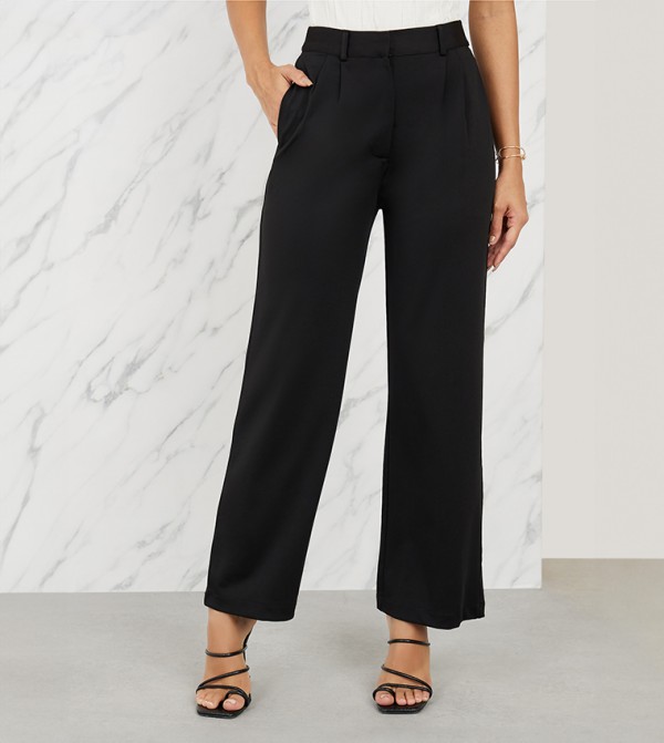 Solid High Rise Straight Fit Pants