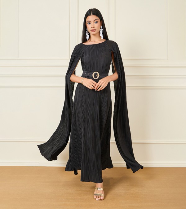 Plisse Slit Sleeves Embellished Belt Maxi Dress