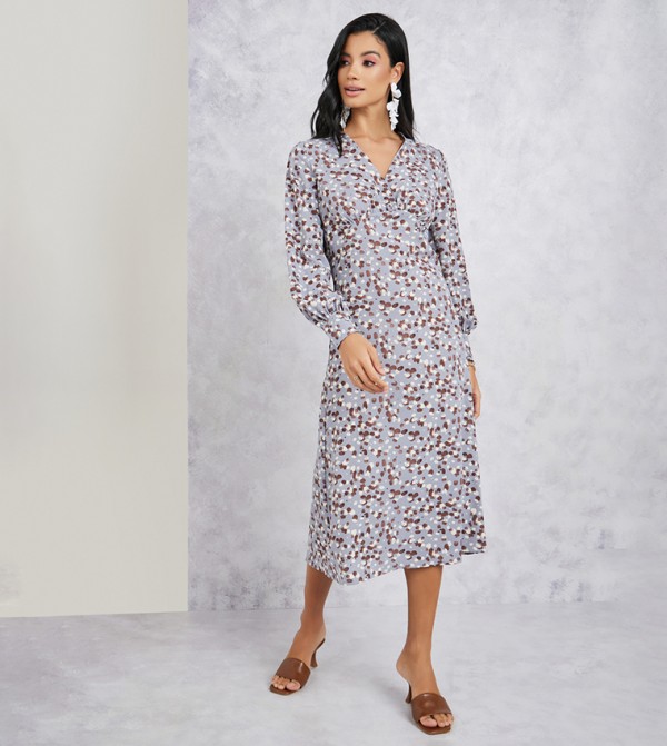 Abstract Print V Neck Midi Dress with Long Sleeves