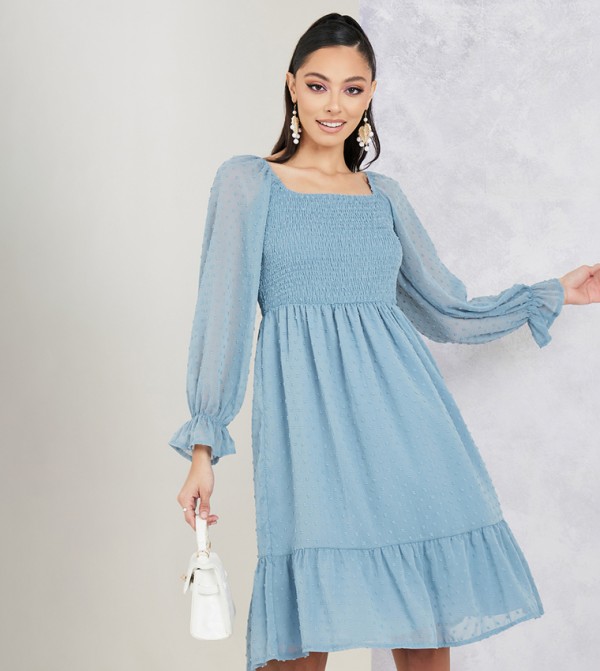 Smocked Knee Length Dress with Long Sleeves