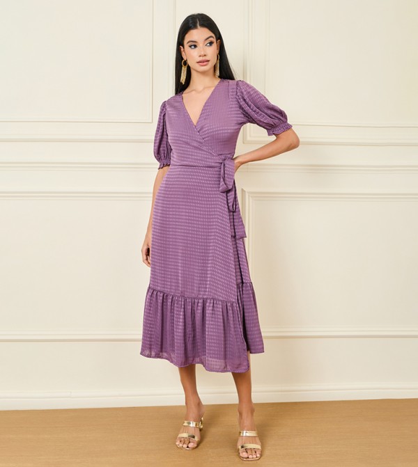 Waffle Texture Ruffle Hem Wrap Midi Dress