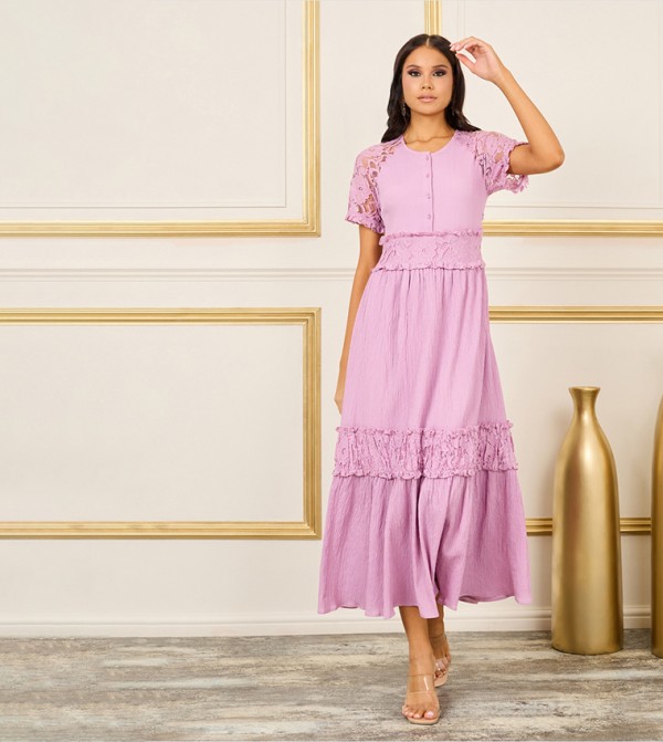 Lace Detail Button Detail A-Line Midi Dress