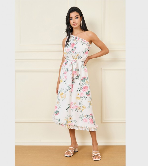 Floral Printed One Shoulder A-Line Midi Dress