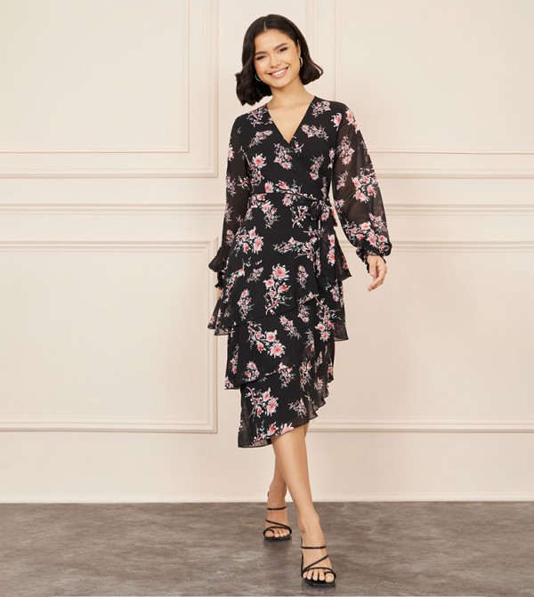 Floral Printed Asymmetric Hem Layered Midi Dress