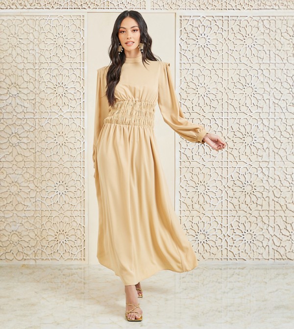 Shirred High Neck A-Line Maxi Dress