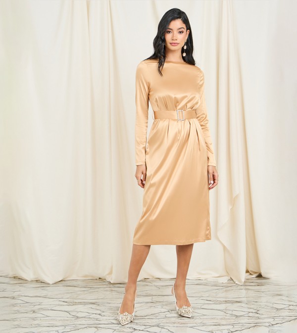 Satin Embellished Buckle Shift Midi Dress