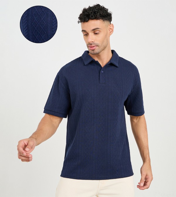 Textured Knit Reverse Collar Oversized Polo T-Shirt
