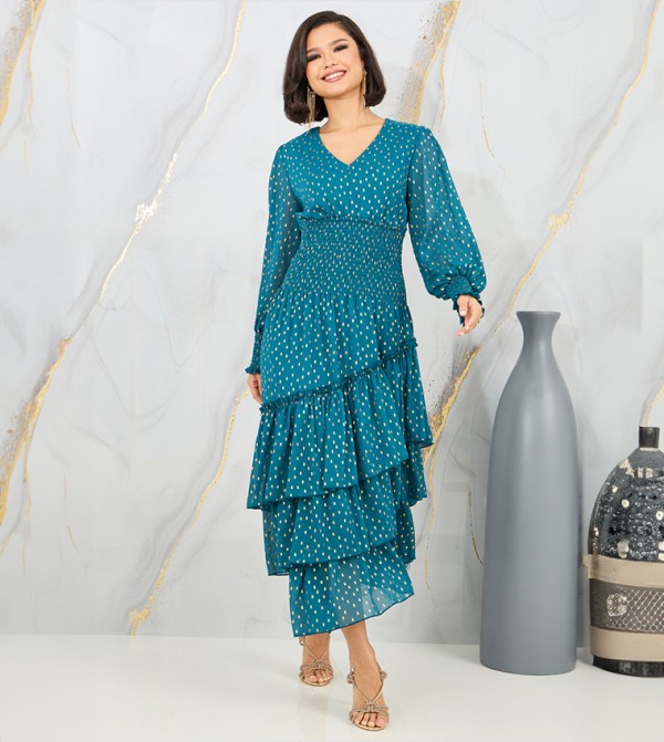 Foil Printed Smocked Ruffled Detail Midi Dress