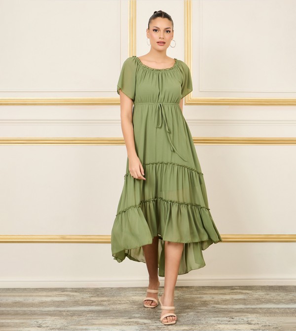 Ruffled Detail A-Line Shift Midi Dress